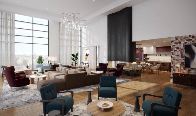 lounge and lobby area with bright lighting and wooden accents