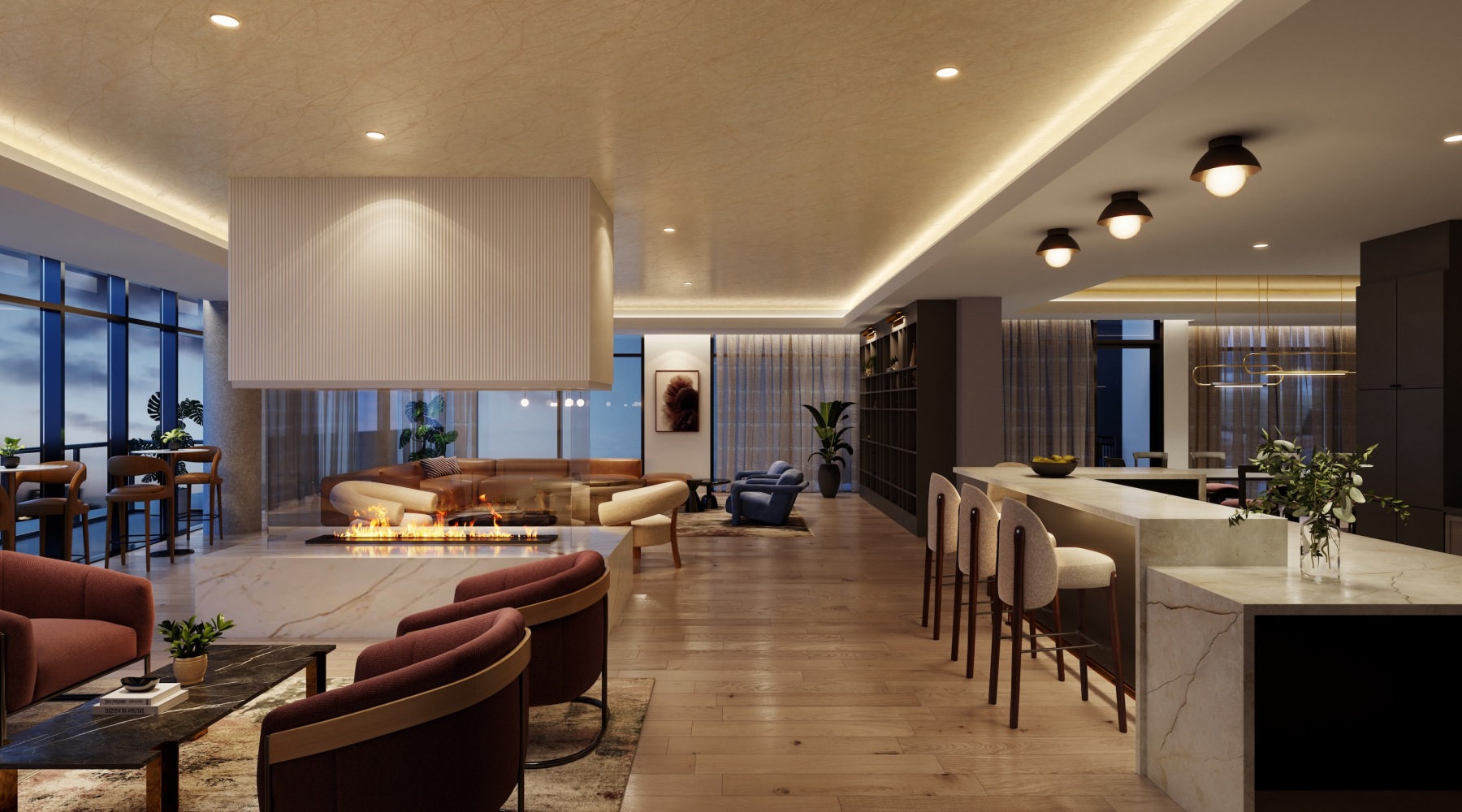 a stylish lounge with wooden flooring and accents