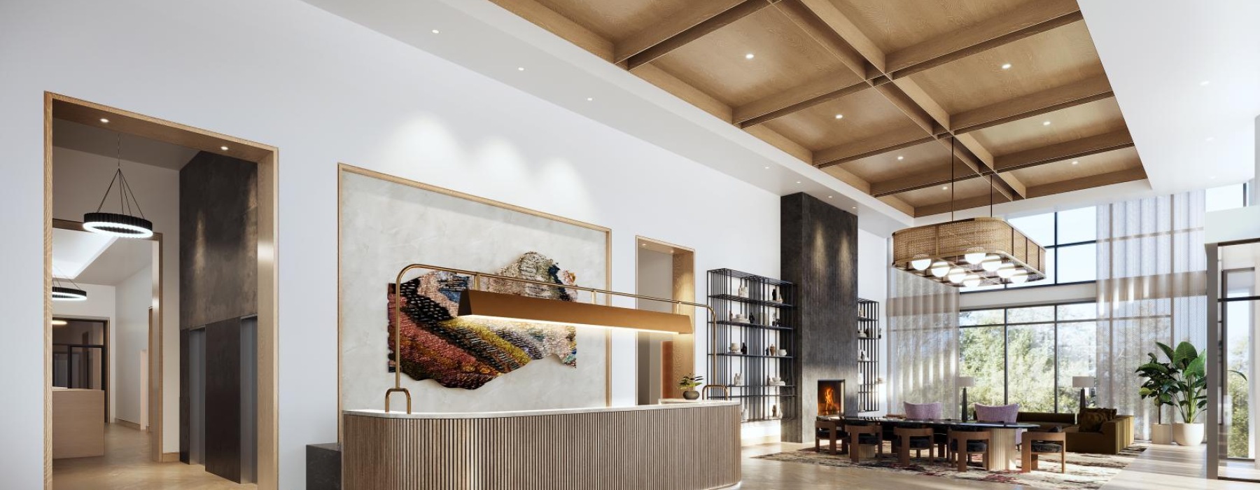 entrance and lobby showing off heavy wooden accents and connections to amenity spaces