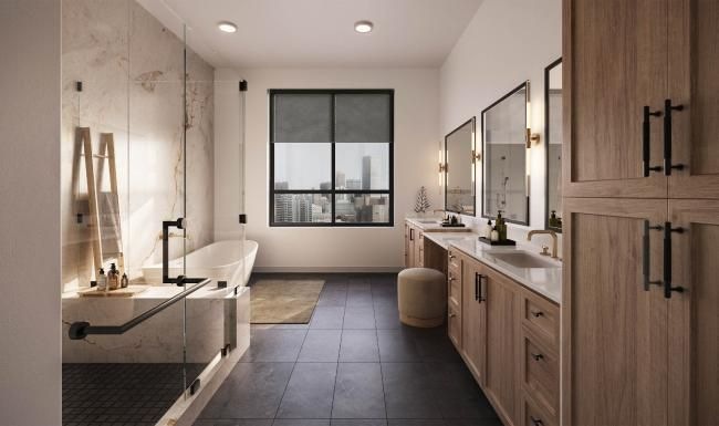 modern bath area with a tub and wooden fixtures